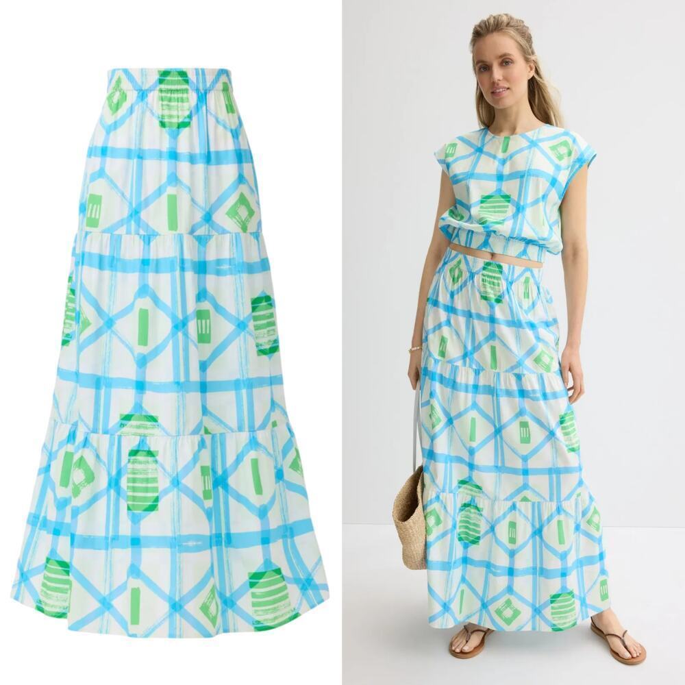 Sheridan French Gardenia Skirt Geo Print Tiered Maxi A-Line White Blue Green M